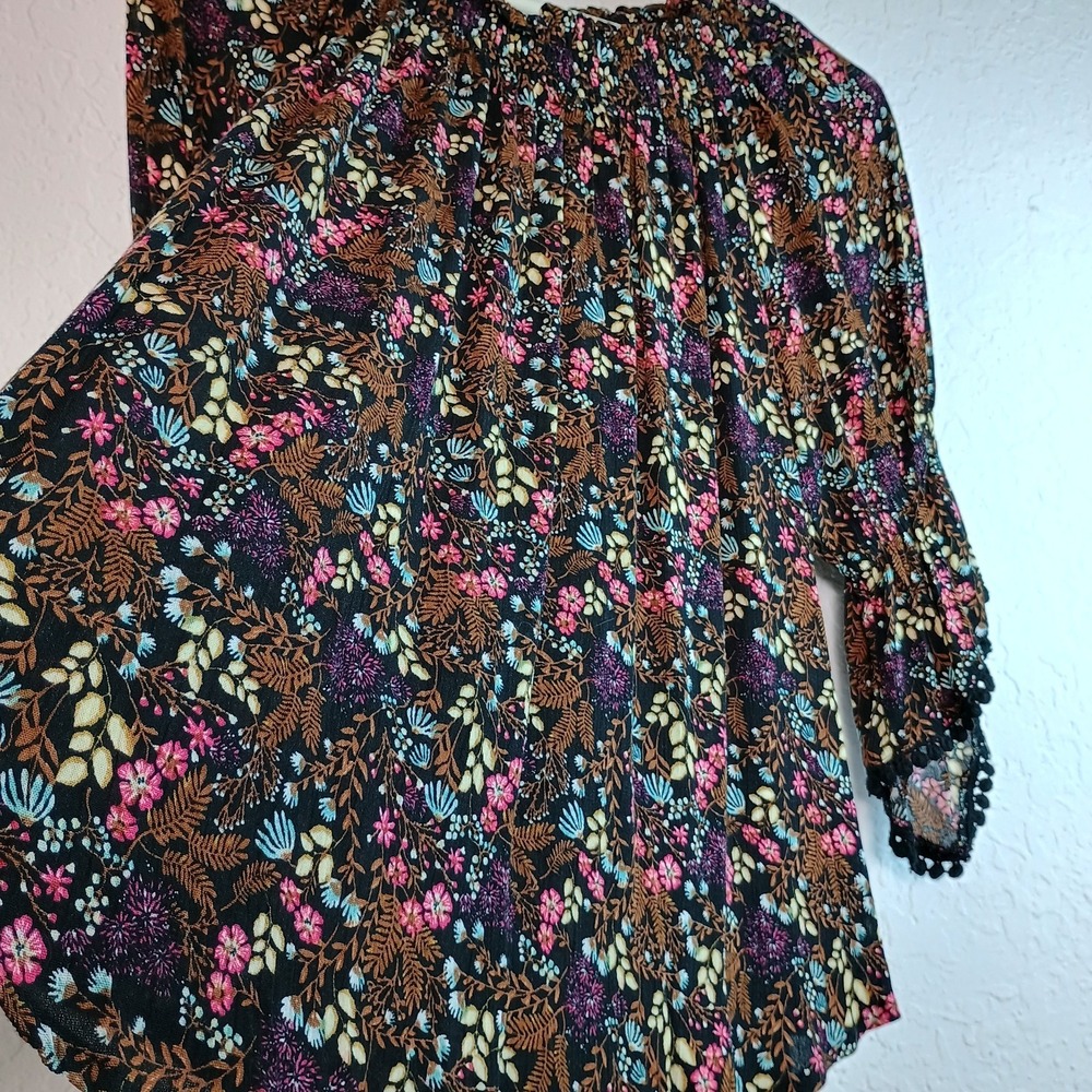 NWT Poppy Black‎ Floral Off-Shoulder 3/4 Bell Sleeve Blouse Women's Size S